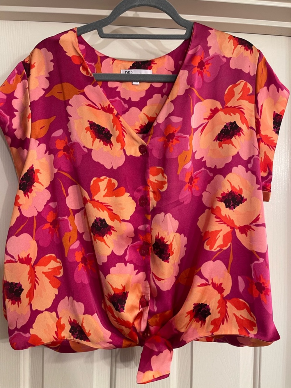 DR2 Fuchsia Pink Floral Tie-Front Blouse